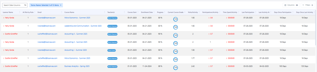 Screenshot of IntelliBoard's learner participation metrics report, which shows time spent, last activity, and other course participation metrics for students.